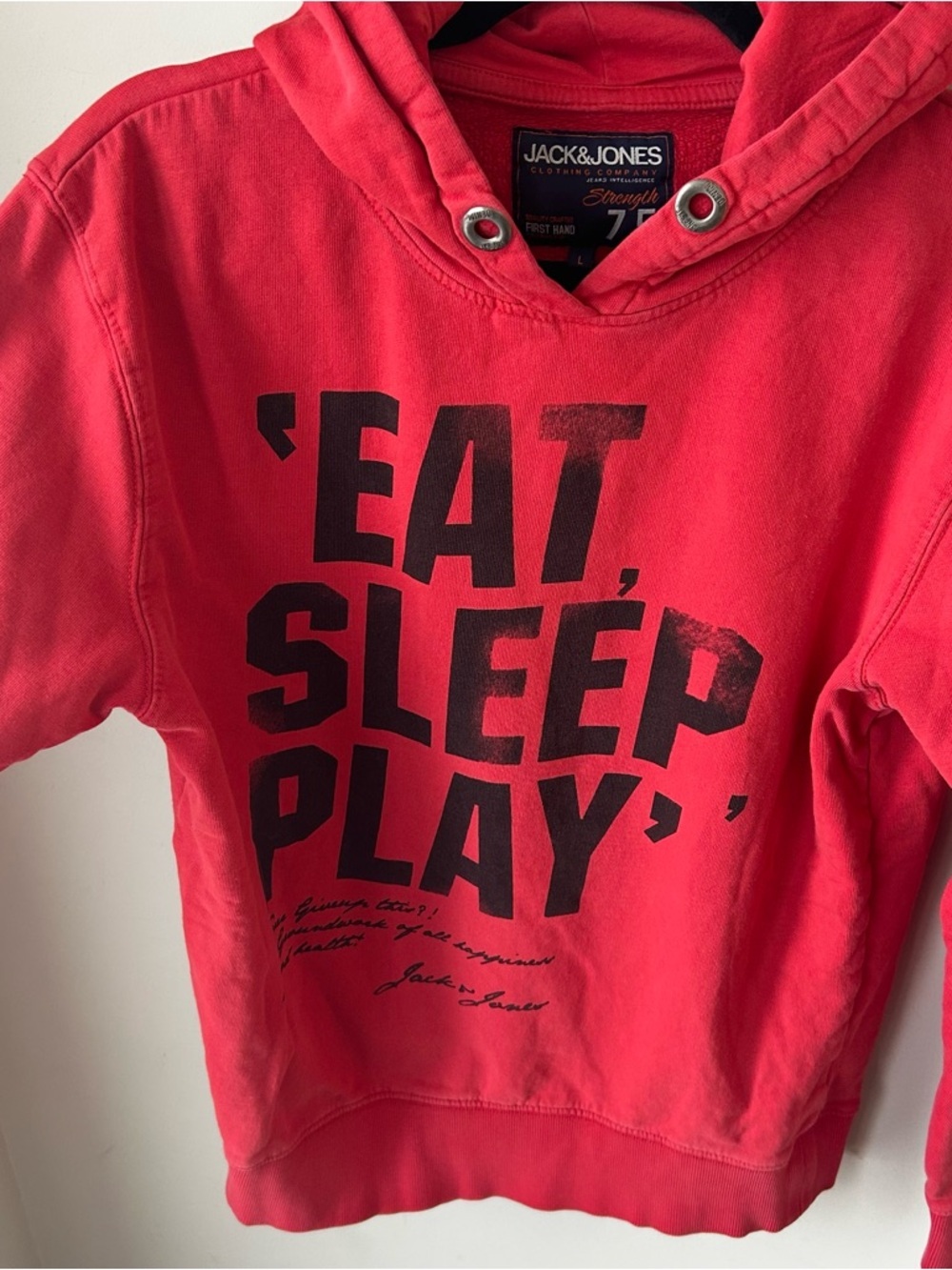 🟢 5 for $25 🟢 Jack & Jones Hoodie L Red Graphic Y2K Streetwear Slogan Pullover - Picture 4 of 5